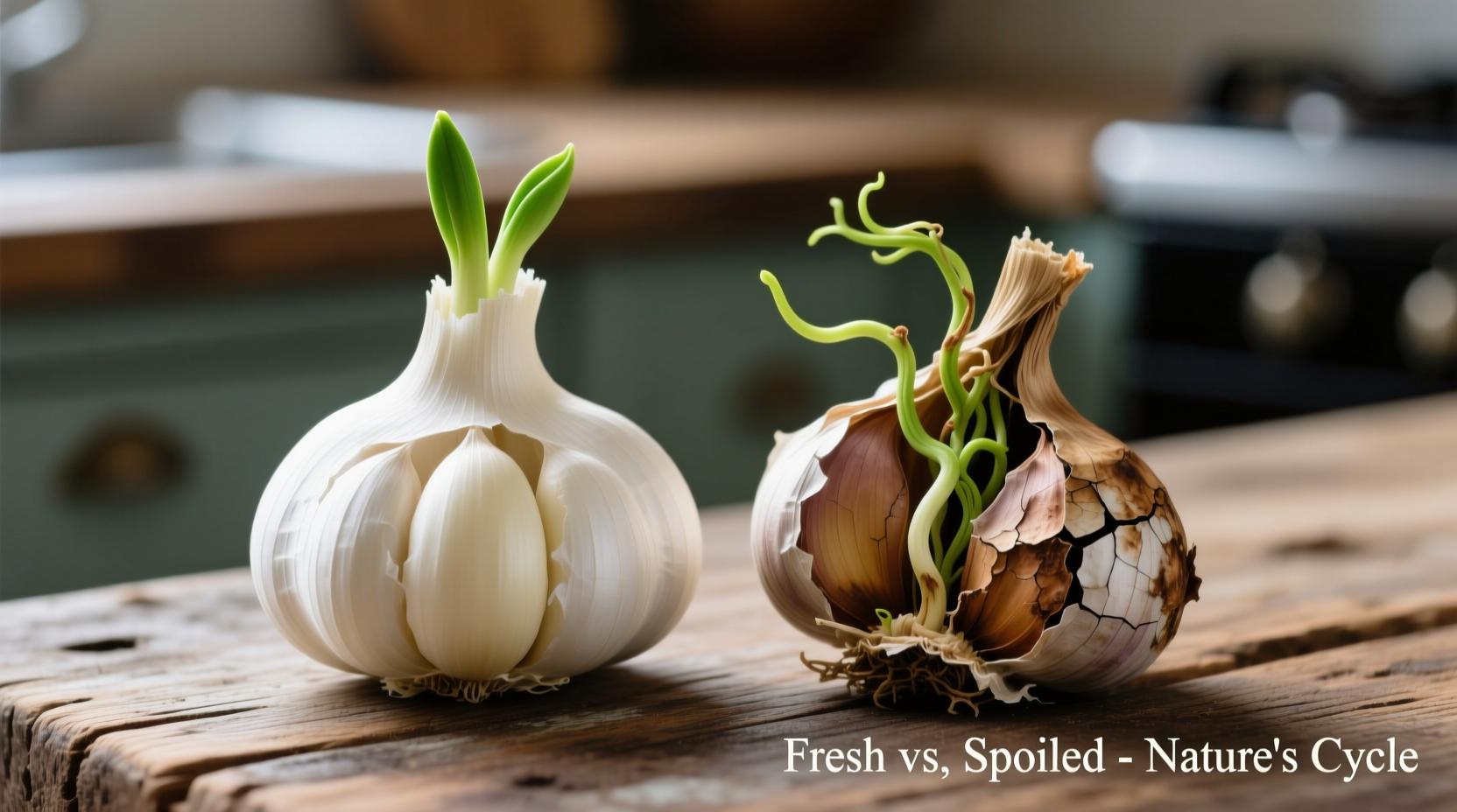 Fresh garlic bulbs next to spoiled garlic with visible sprouts