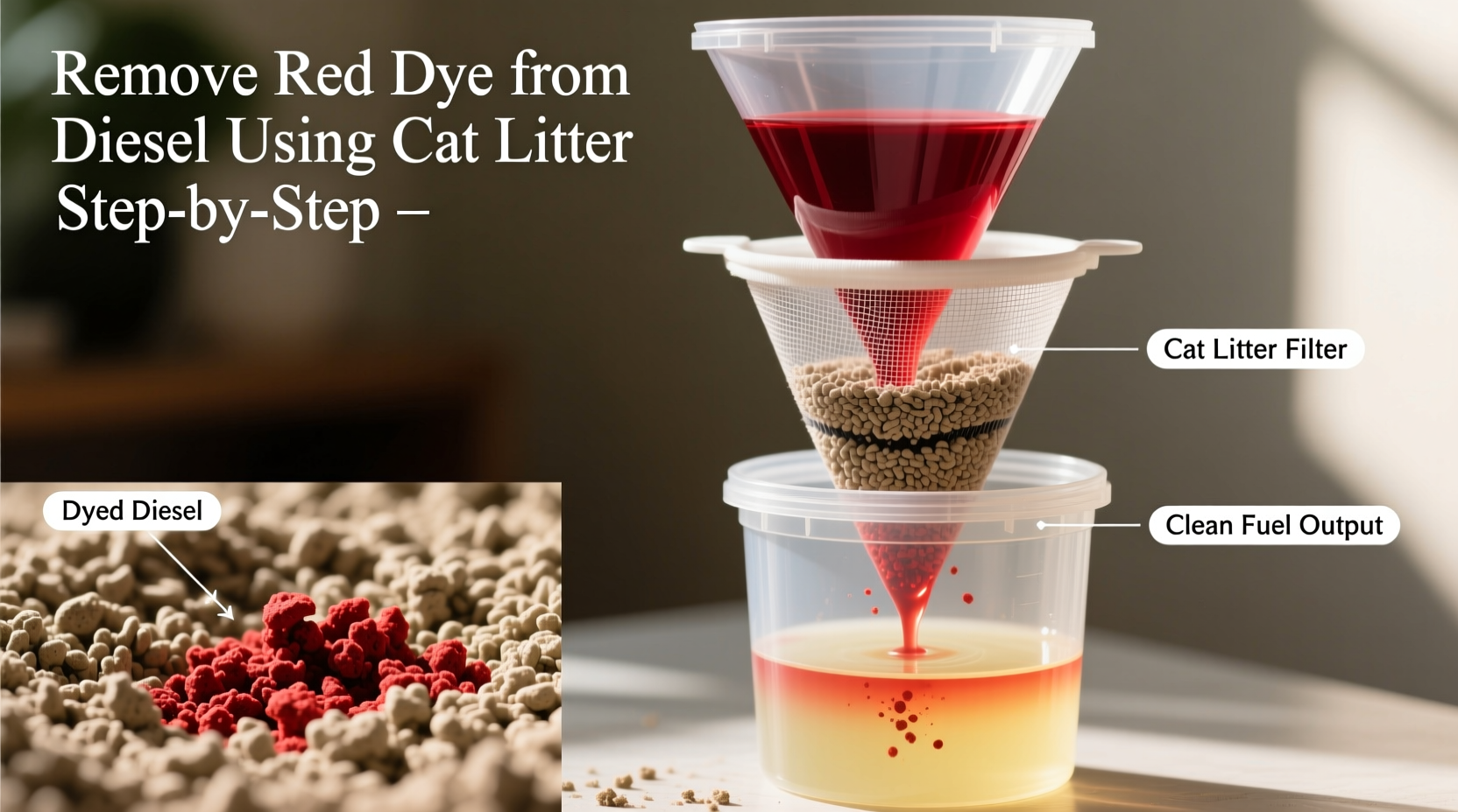 effective methods to remove red dye from diesel using cat litter at home