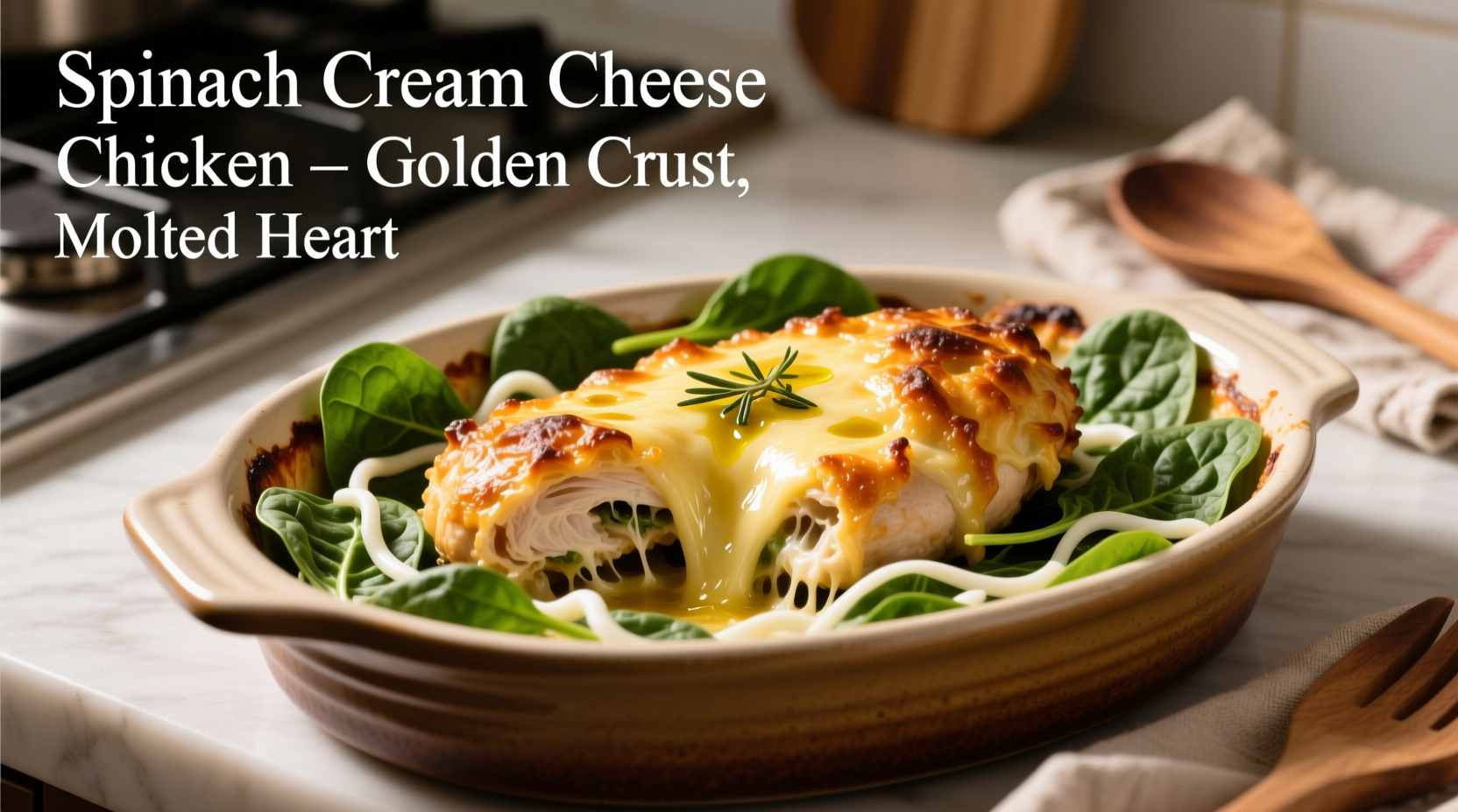 Golden brown spinach cream cheese chicken with melted cheese filling