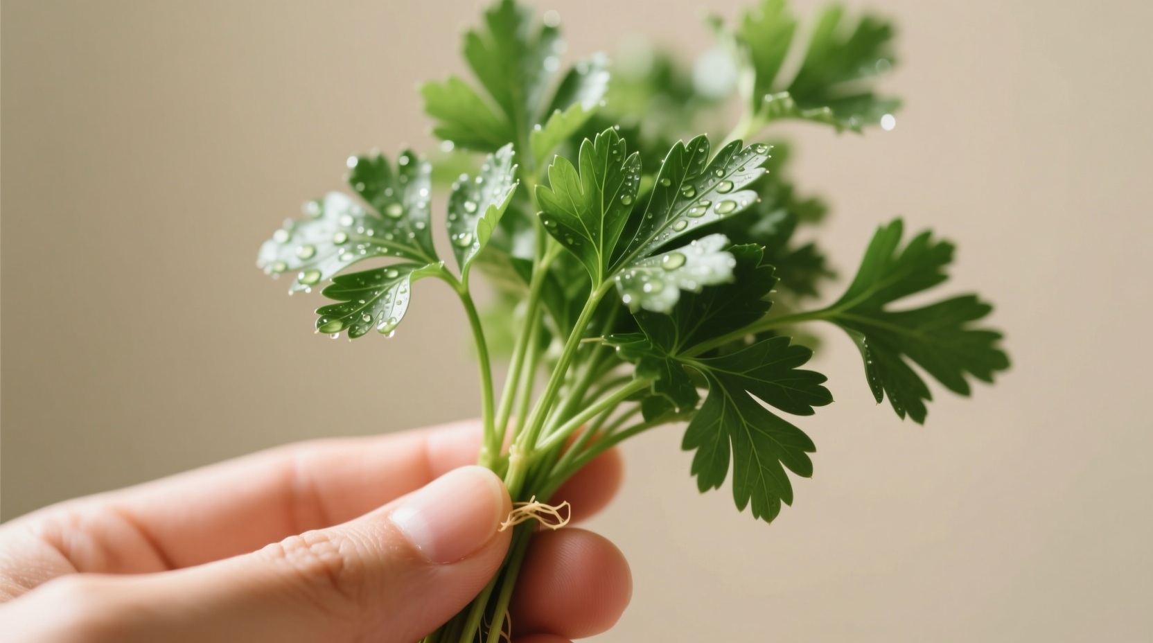 Hand holding fresh parsley bunch showing natural separation point