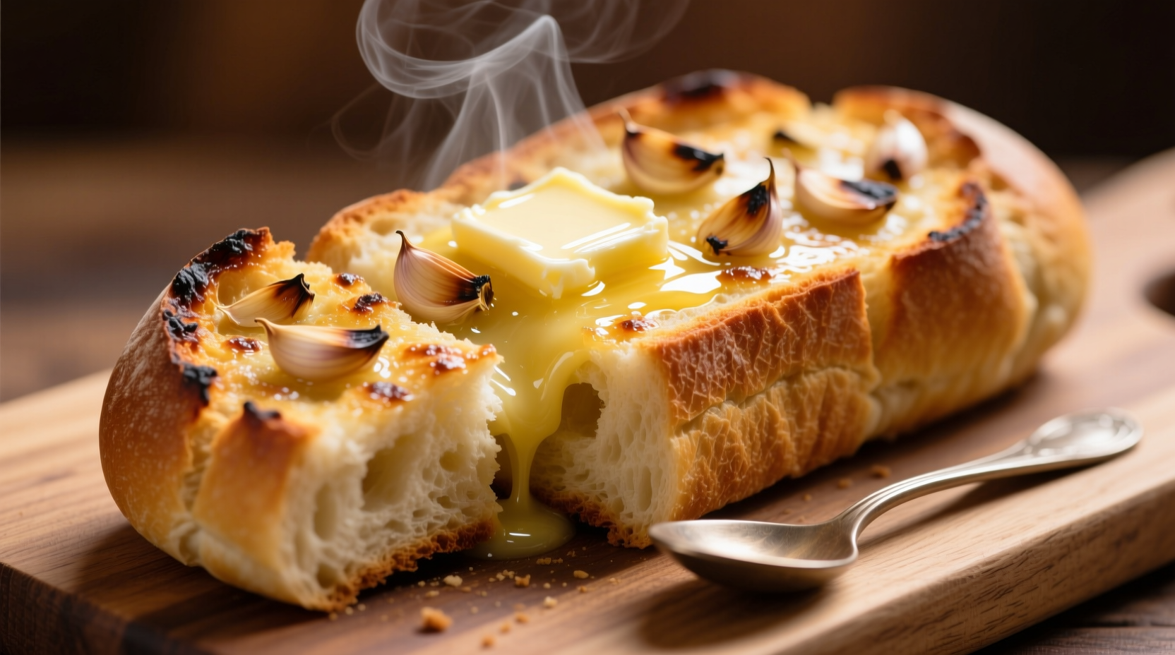 Golden roasted garlic bread with melted butter
