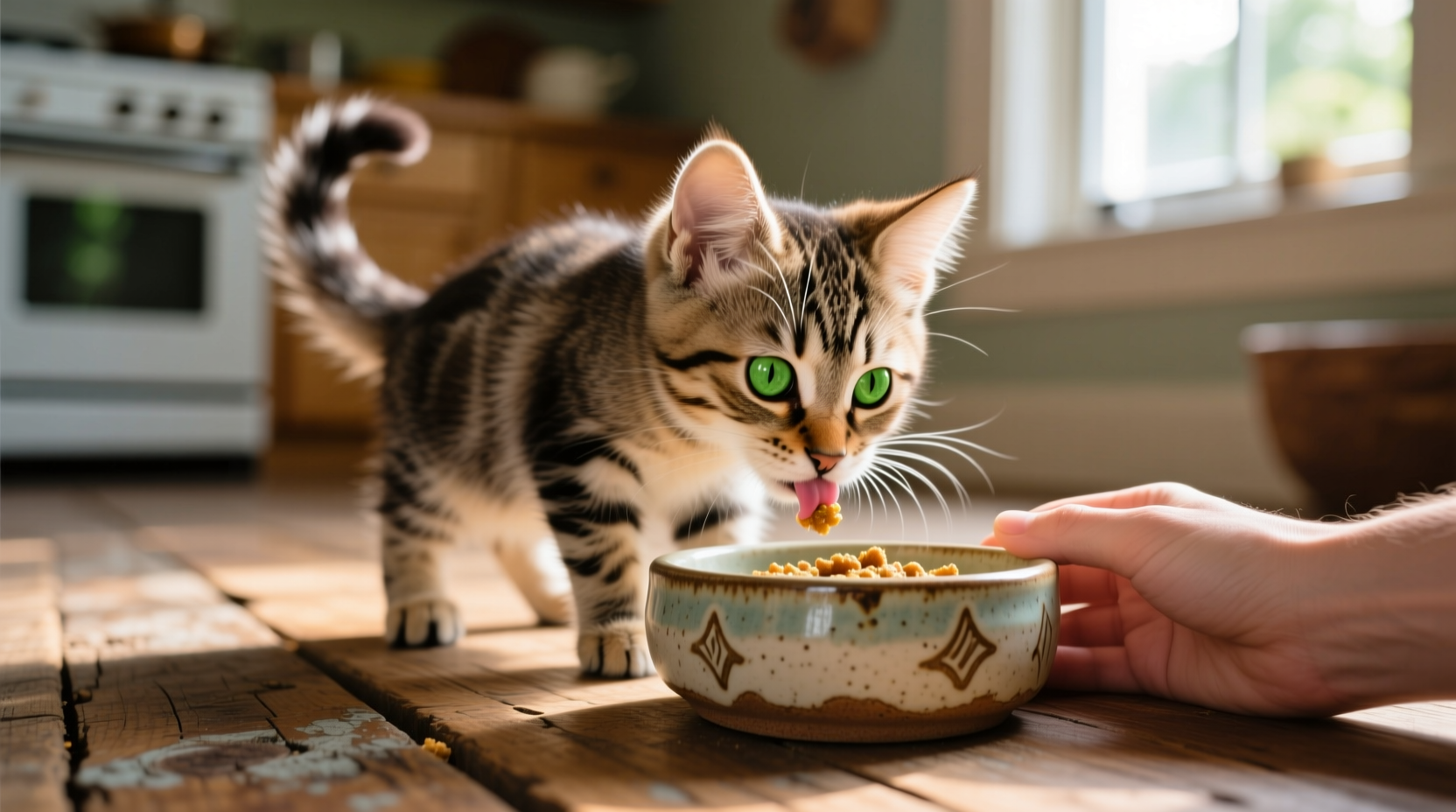 Healthy tabby kitten eating from ceramic food bowl