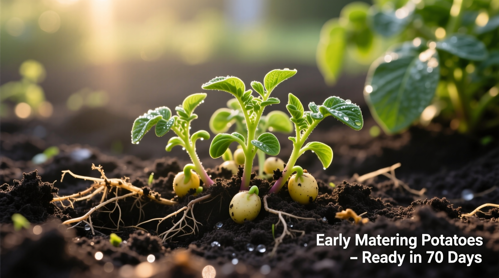 Early maturing potato varieties growing in garden soil