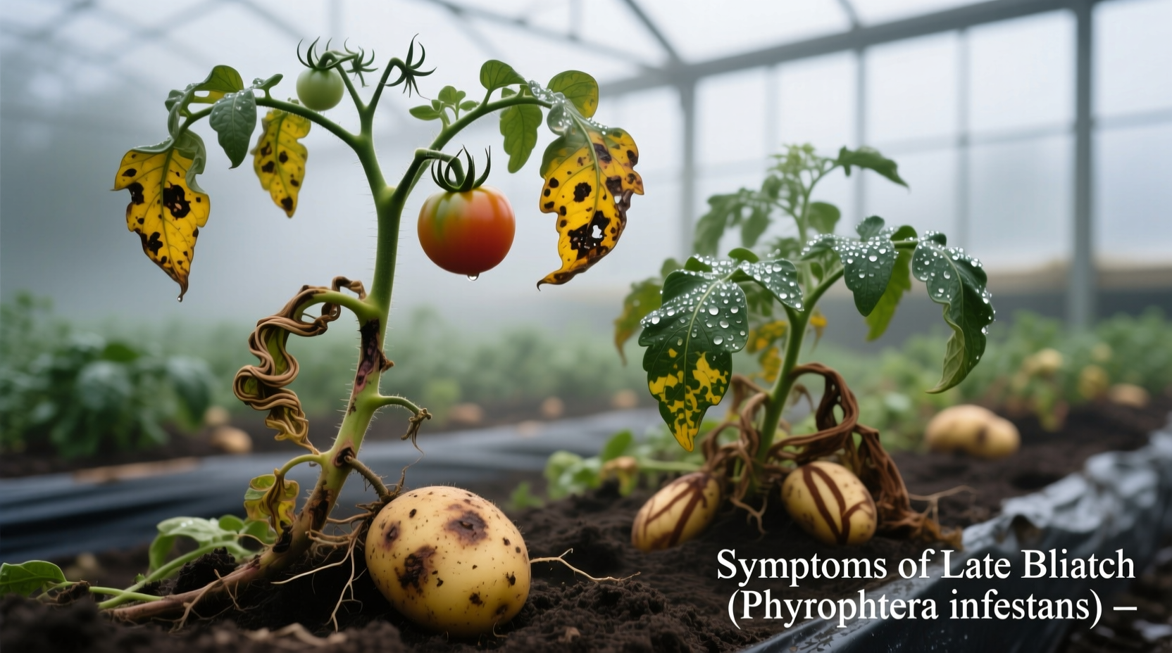 Tomato and potato plants showing disease symptoms