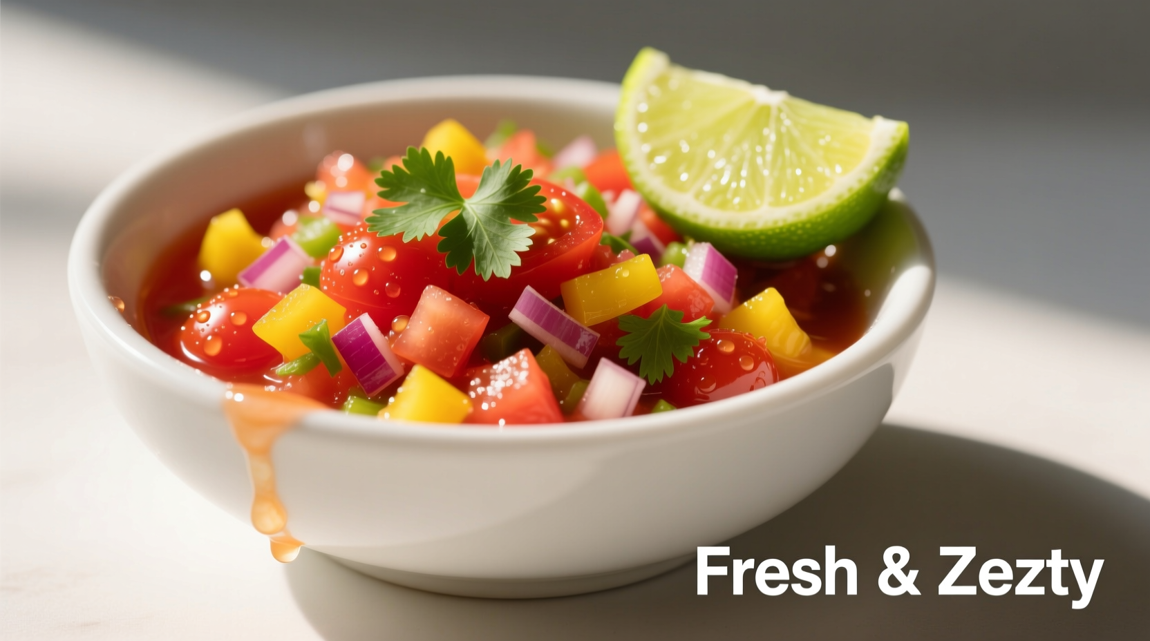 Fresh tomato salsa in white bowl with lime wedge