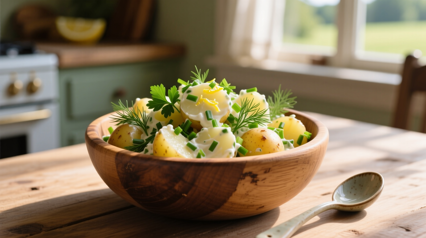 Homemade potato salad with fresh herbs in wooden bowl