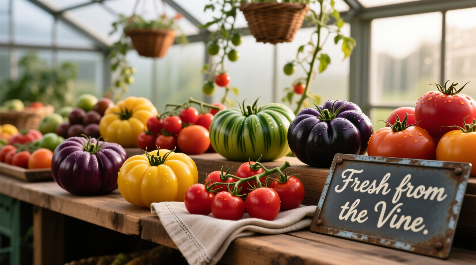 Seasonal tomato varieties display at a tomato bar