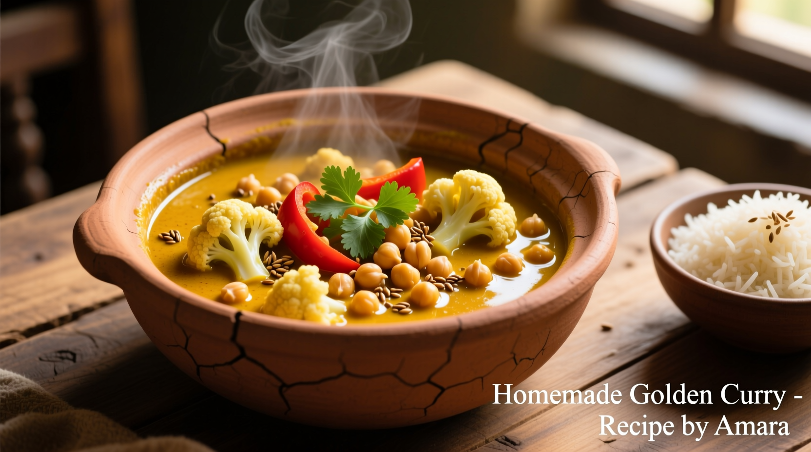 Golden chickpea cauliflower curry in clay pot