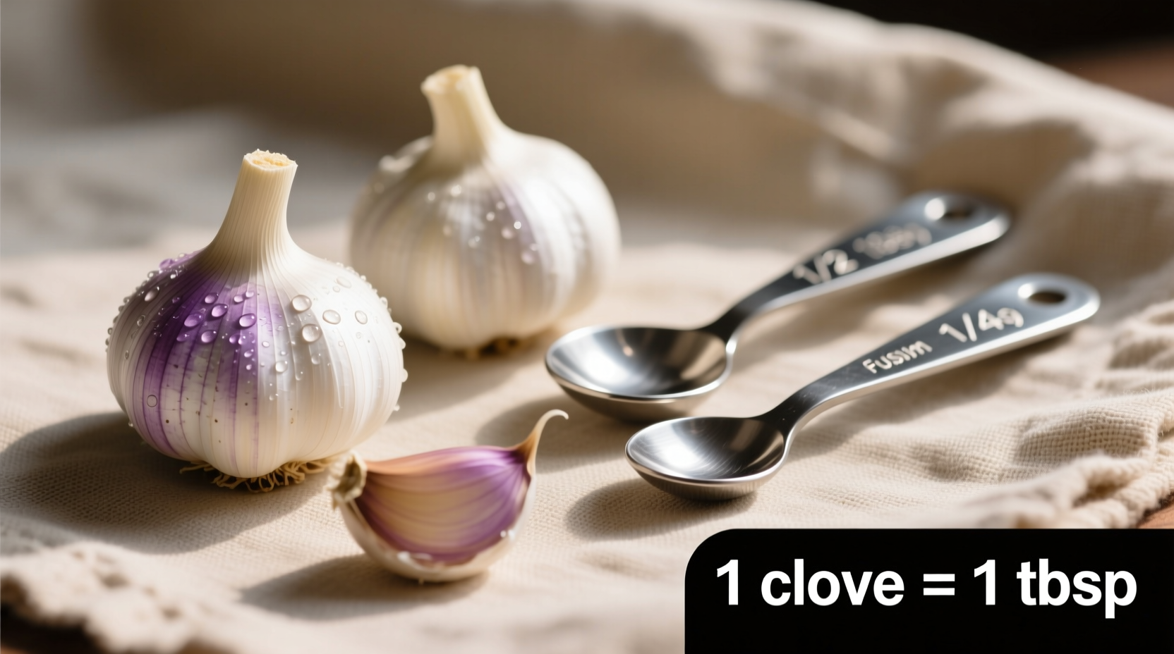 Four fresh garlic cloves next to measuring spoons