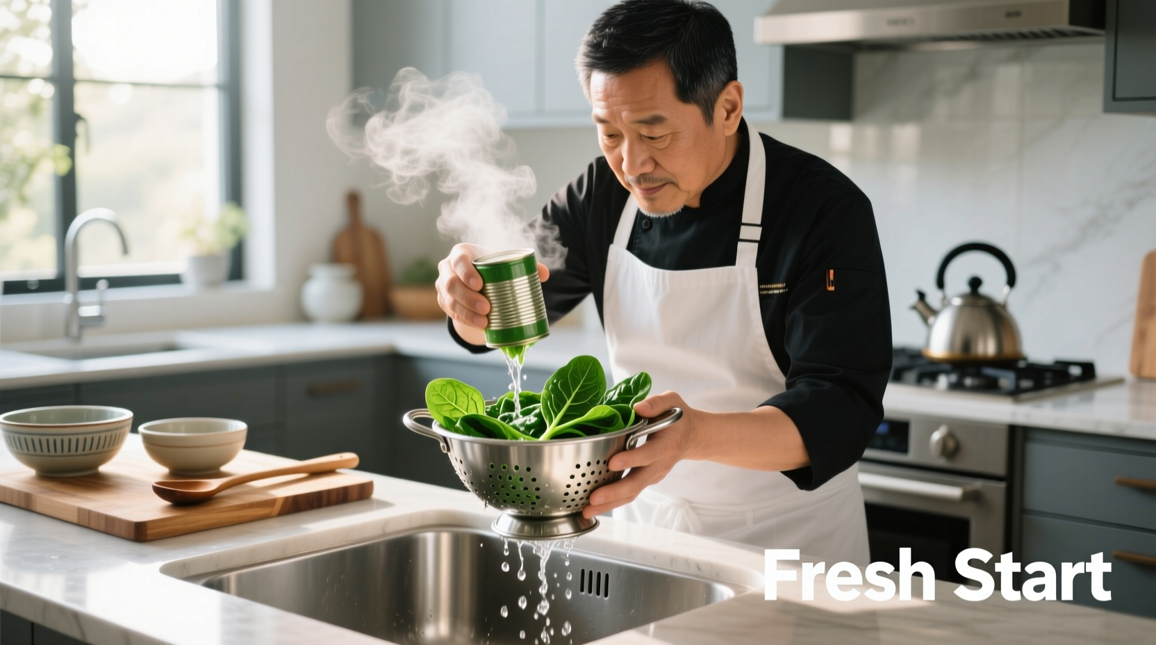 Chef squeezing water from canned spinach in kitchen