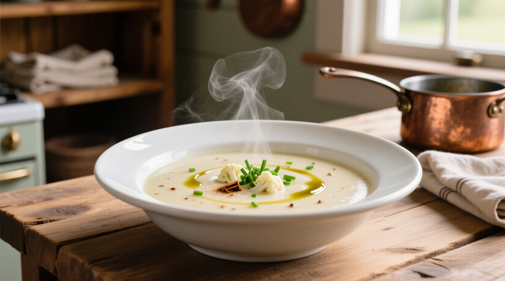 Creamy Wisconsin cauliflower soup in white bowl