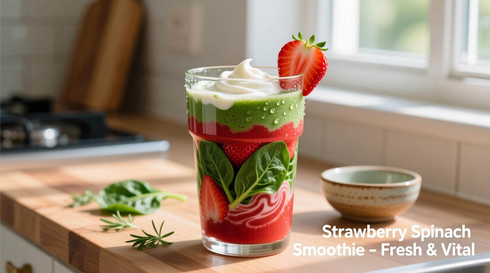 Vibrant red-green strawberry spinach smoothie in glass