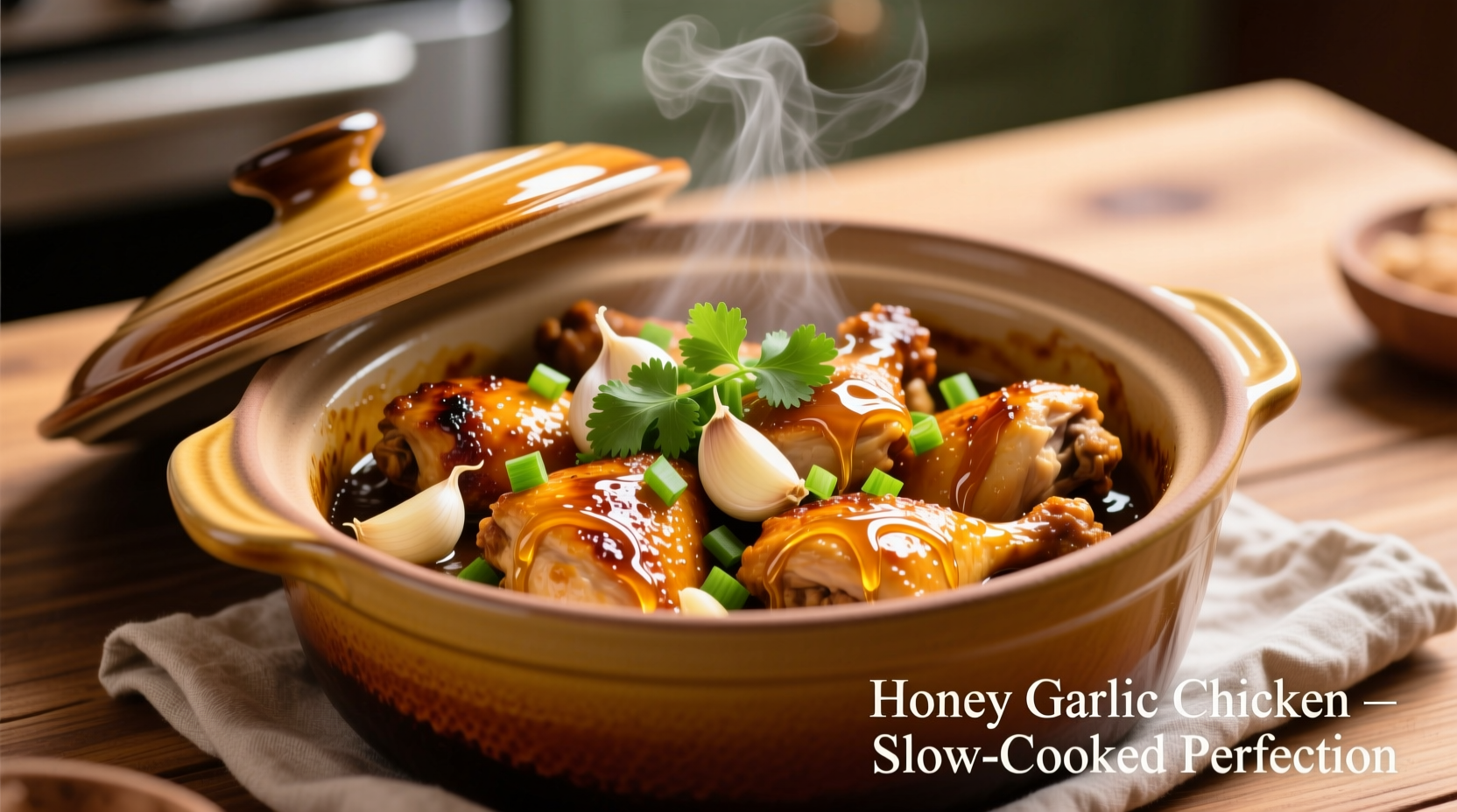 Golden honey garlic chicken in slow cooker with fresh garnish