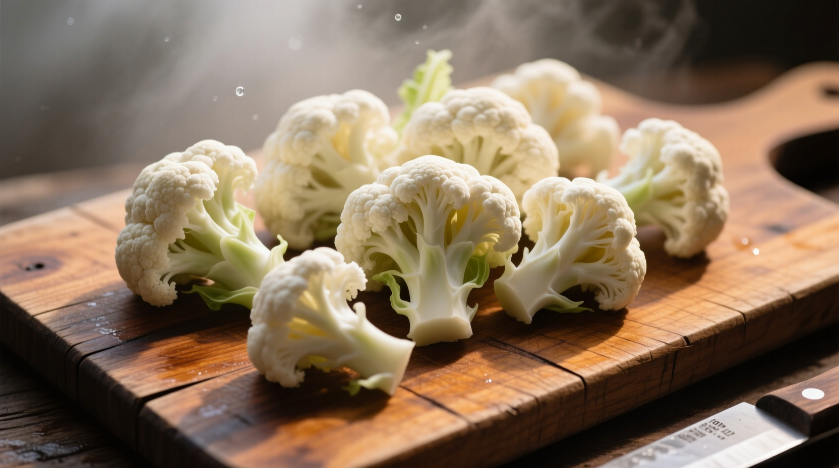 Cauliflower florets on wooden cutting board