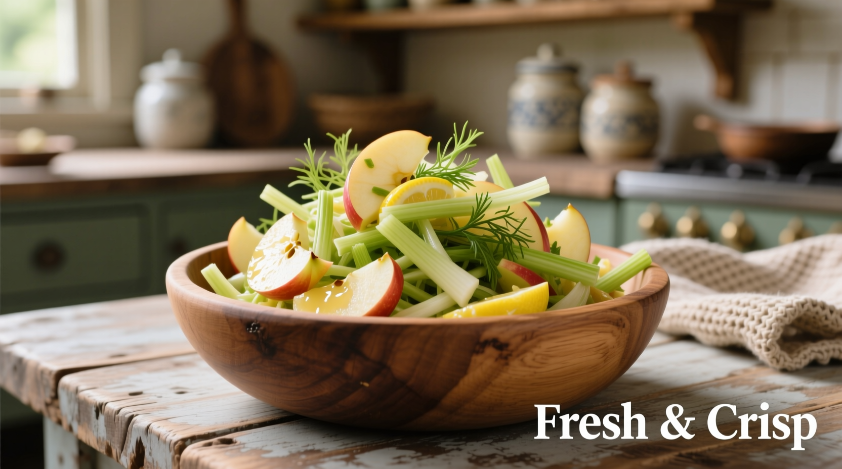 Freshly prepared apple and fennel slaw in wooden bowl
