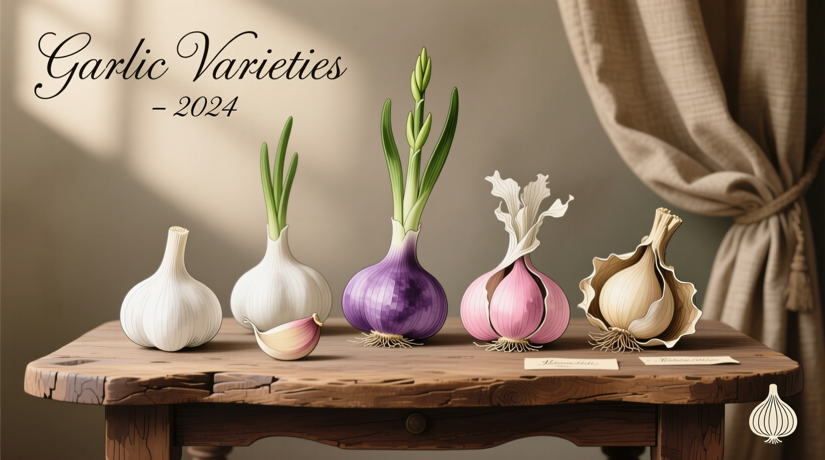 Fresh garlic varieties comparison on wooden table