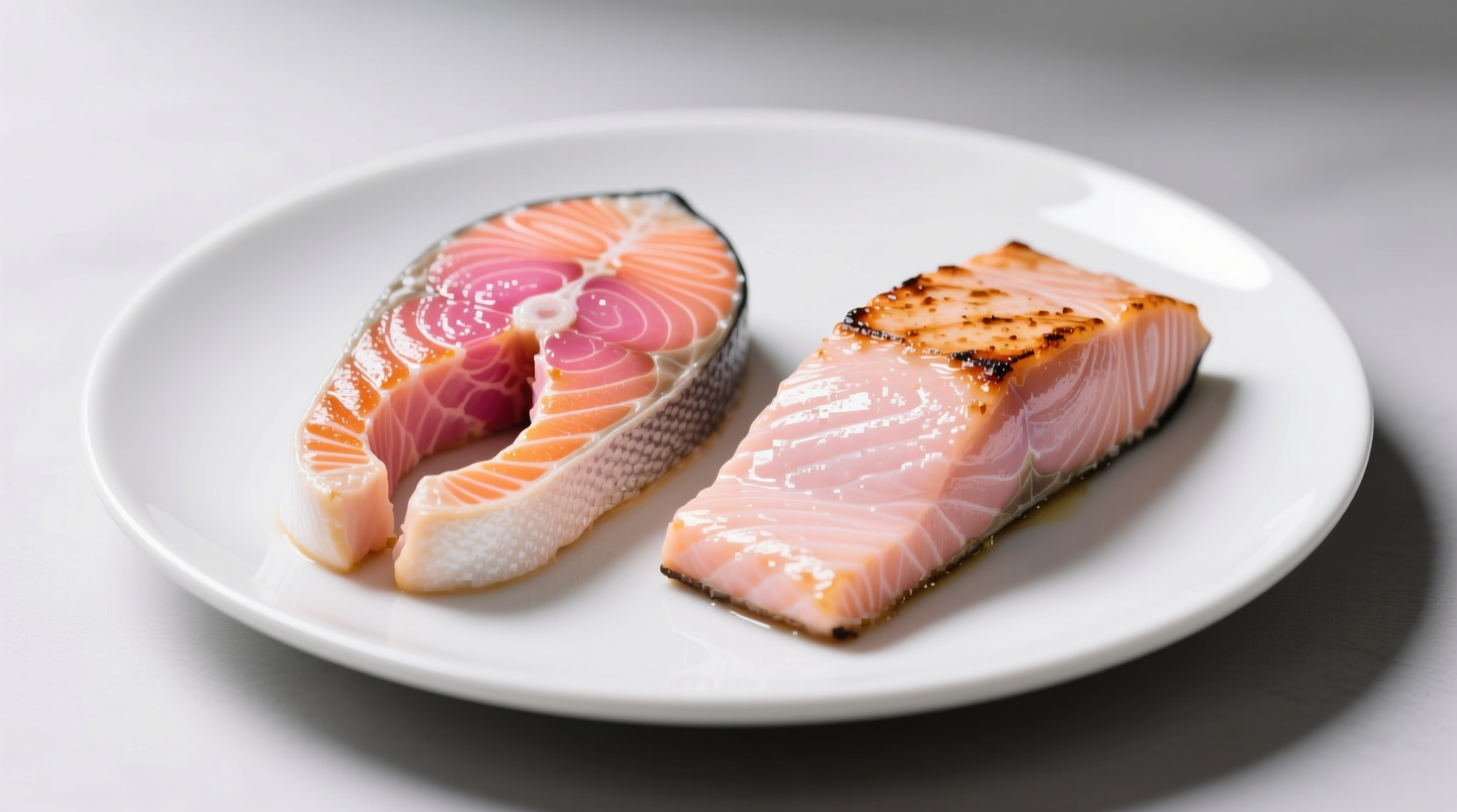Side-by-side comparison: salmon cooked to 125°F (juicy pink center) vs 145°F (uniformly opaque and dry)