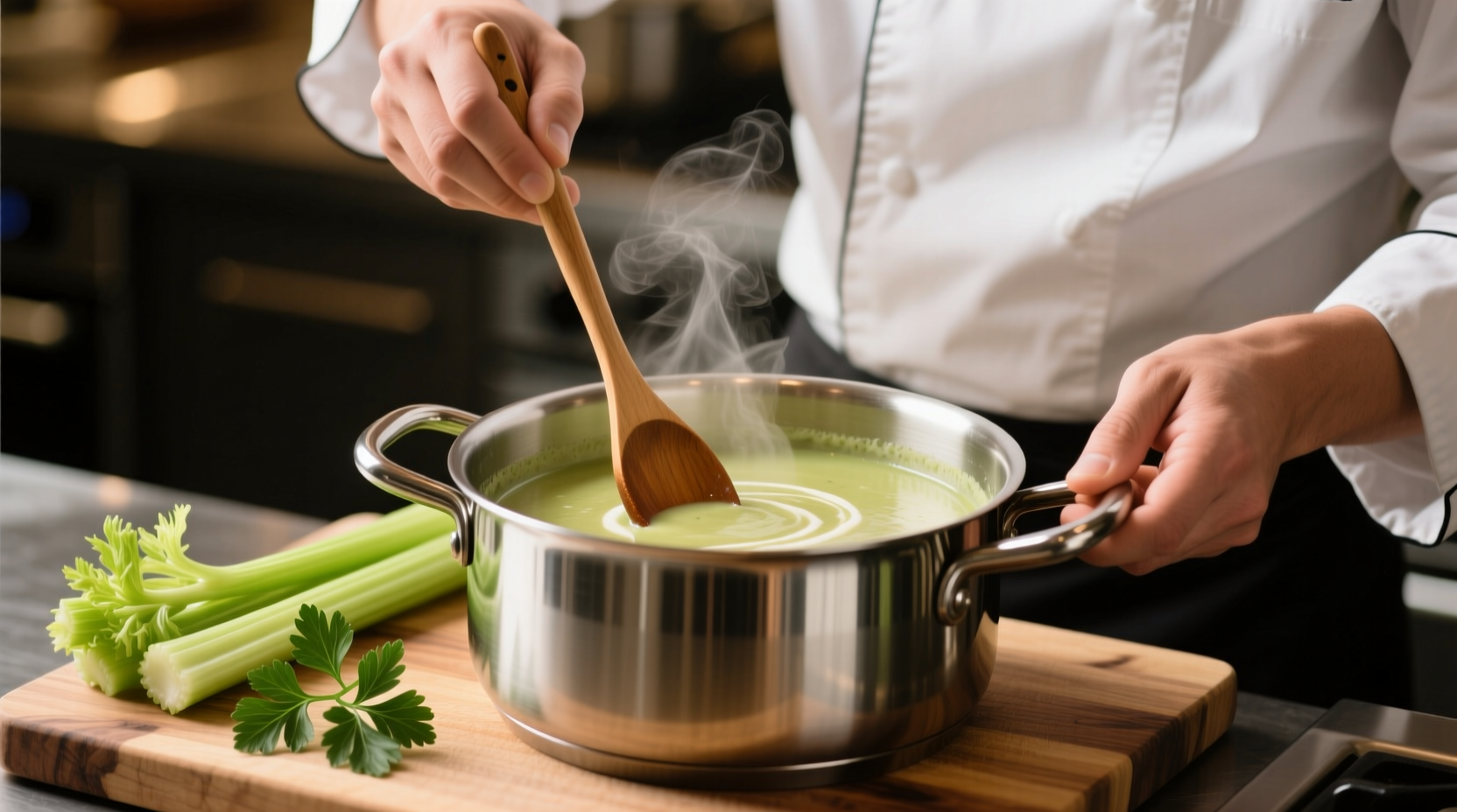 Chef preparing creamy celery soup in stainless steel pot
