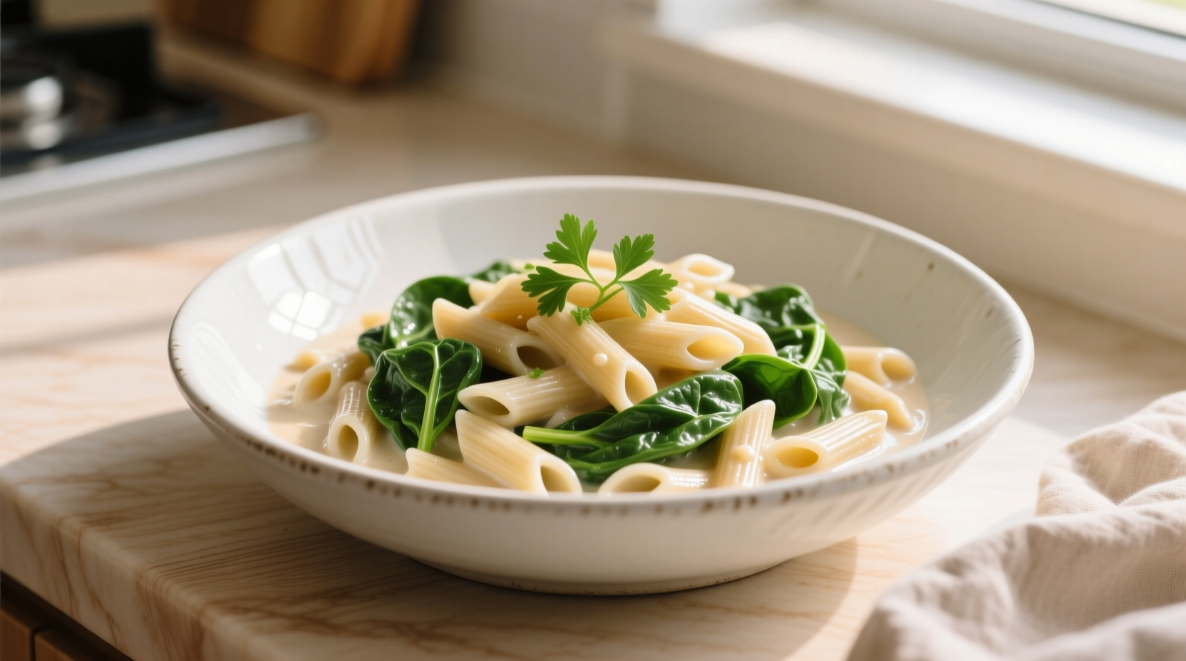 Creamy orzo with fresh spinach in white bowl