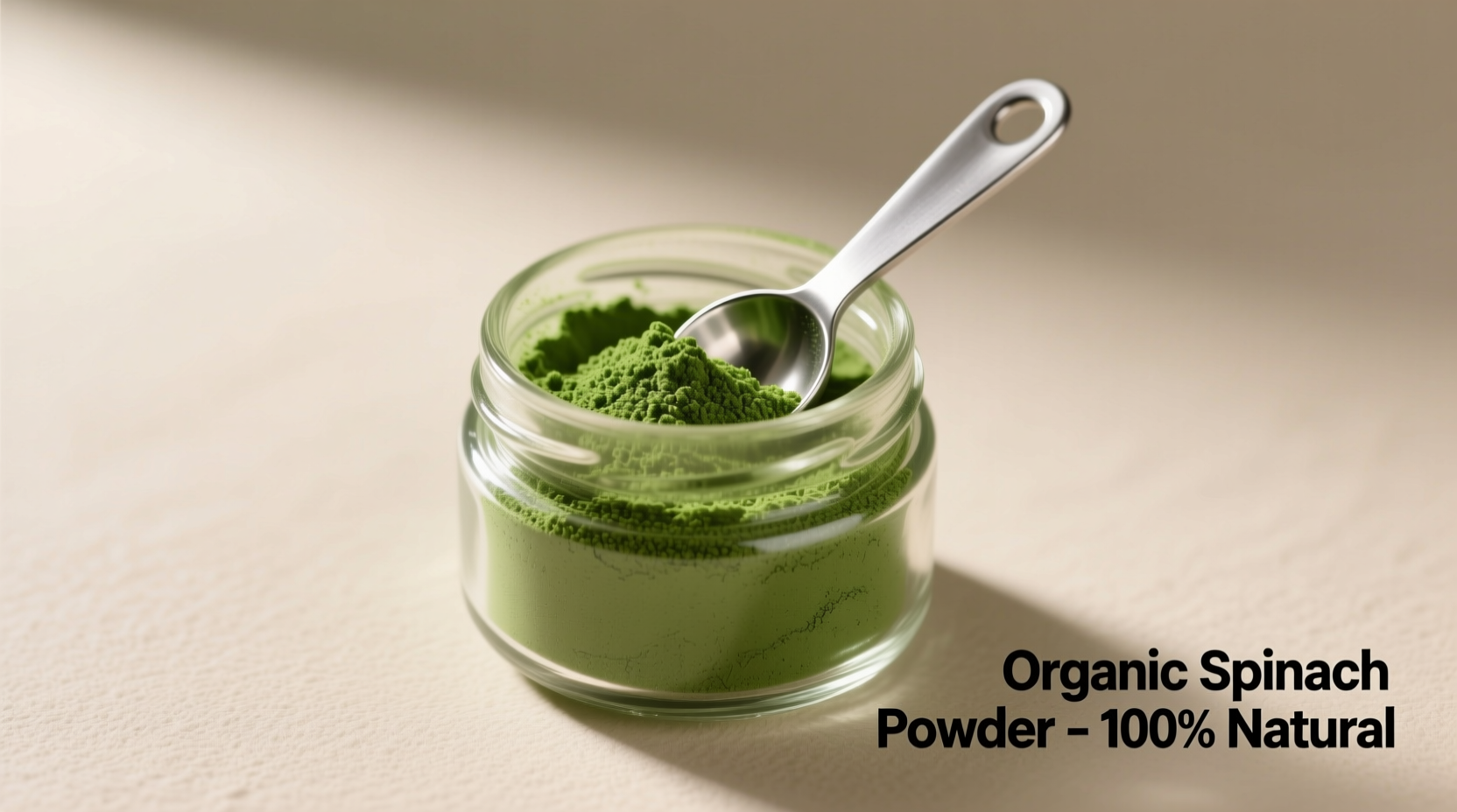 Spinach powder in glass jar with measuring spoon