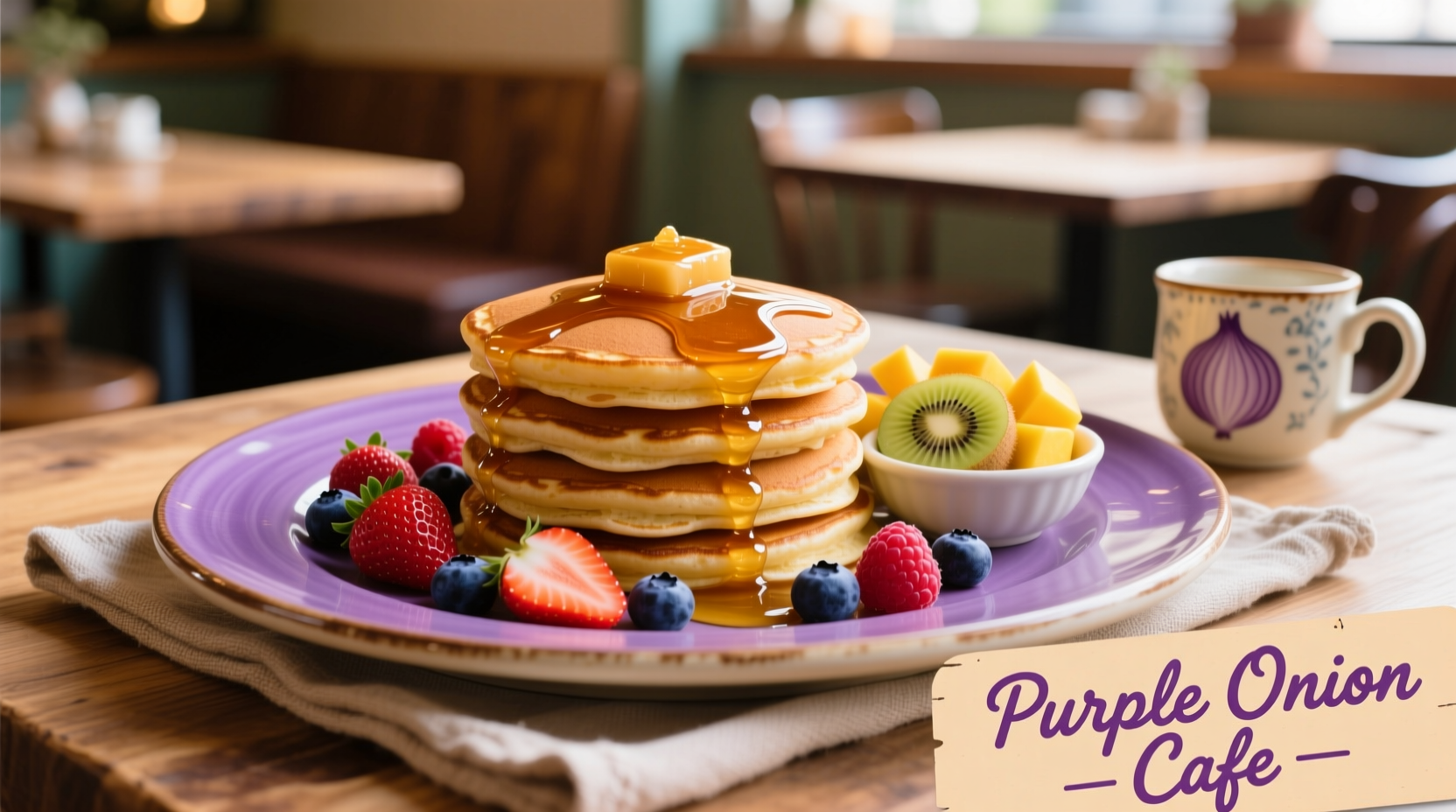 Purple Onion Cafe signature brunch plate with pancakes and fruit
