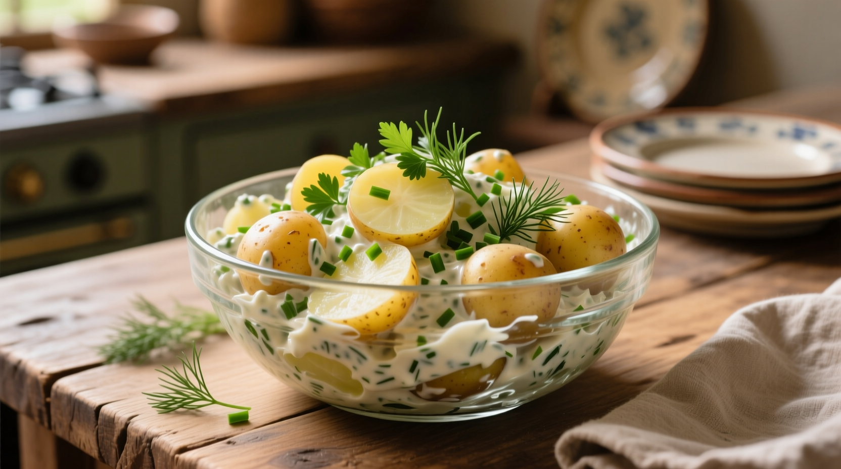 Creamy potato salad with fresh herbs in glass bowl