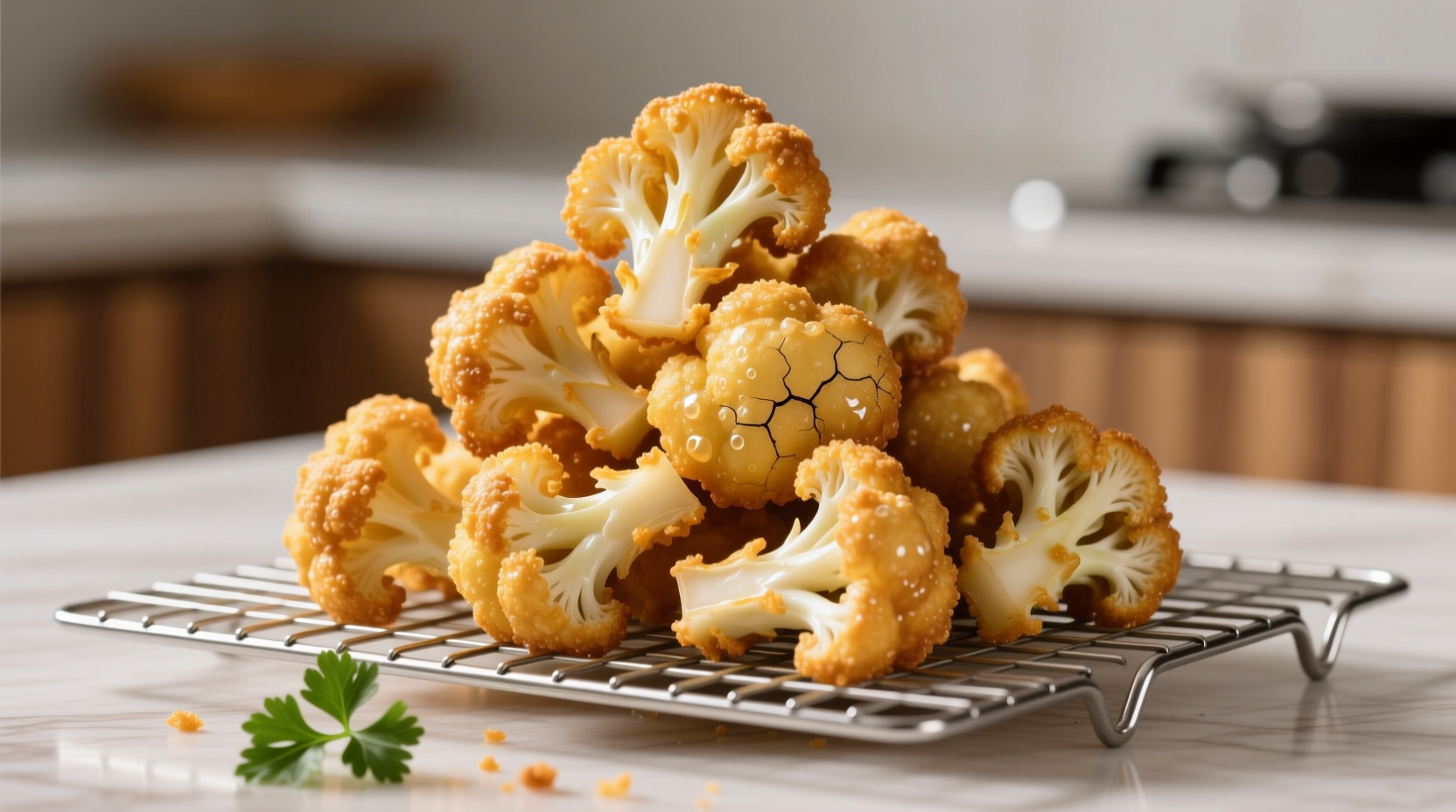 Golden deep fried cauliflower florets on wire rack