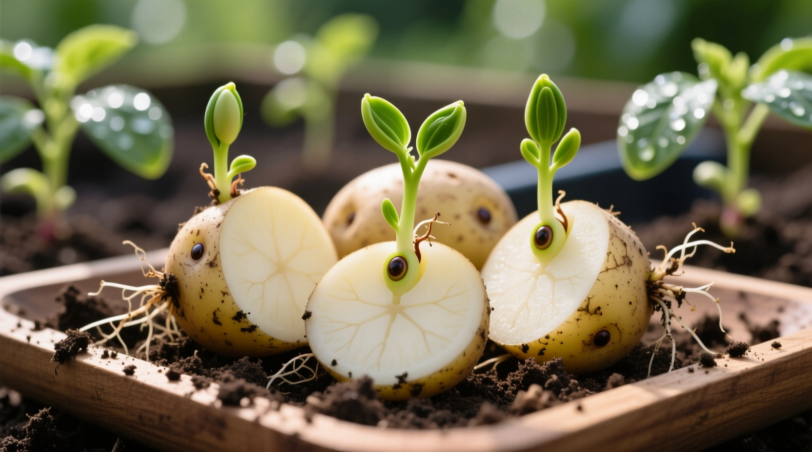 Healthy potato seed pieces with visible sprouts ready for planting