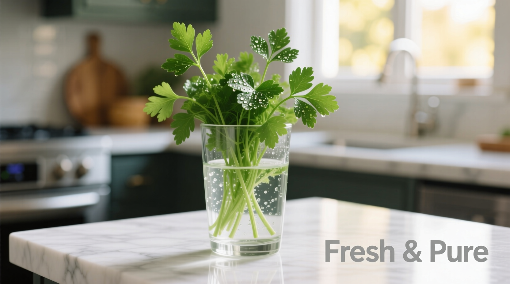 Fresh parsley stored upright in glass of water