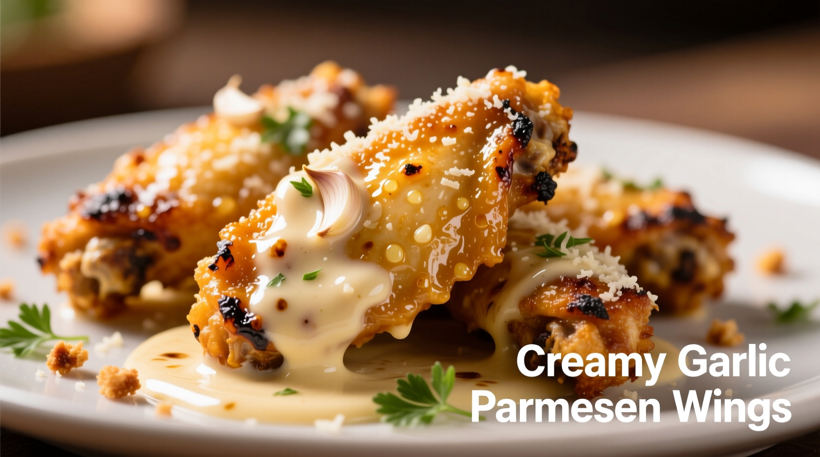 Creamy garlic parmesan sauce coating crispy chicken wings