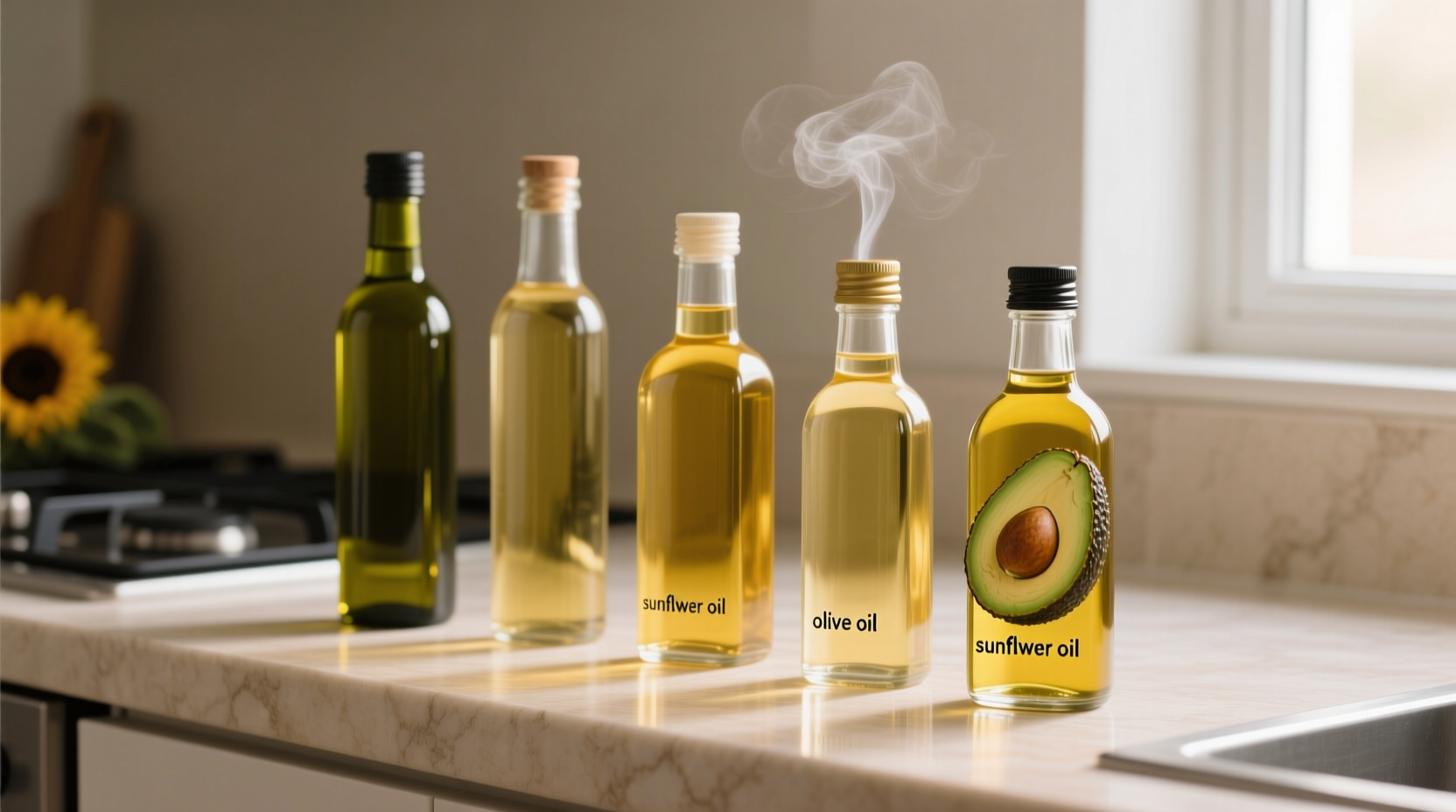 Various neutral cooking oils in glass bottles on kitchen counter