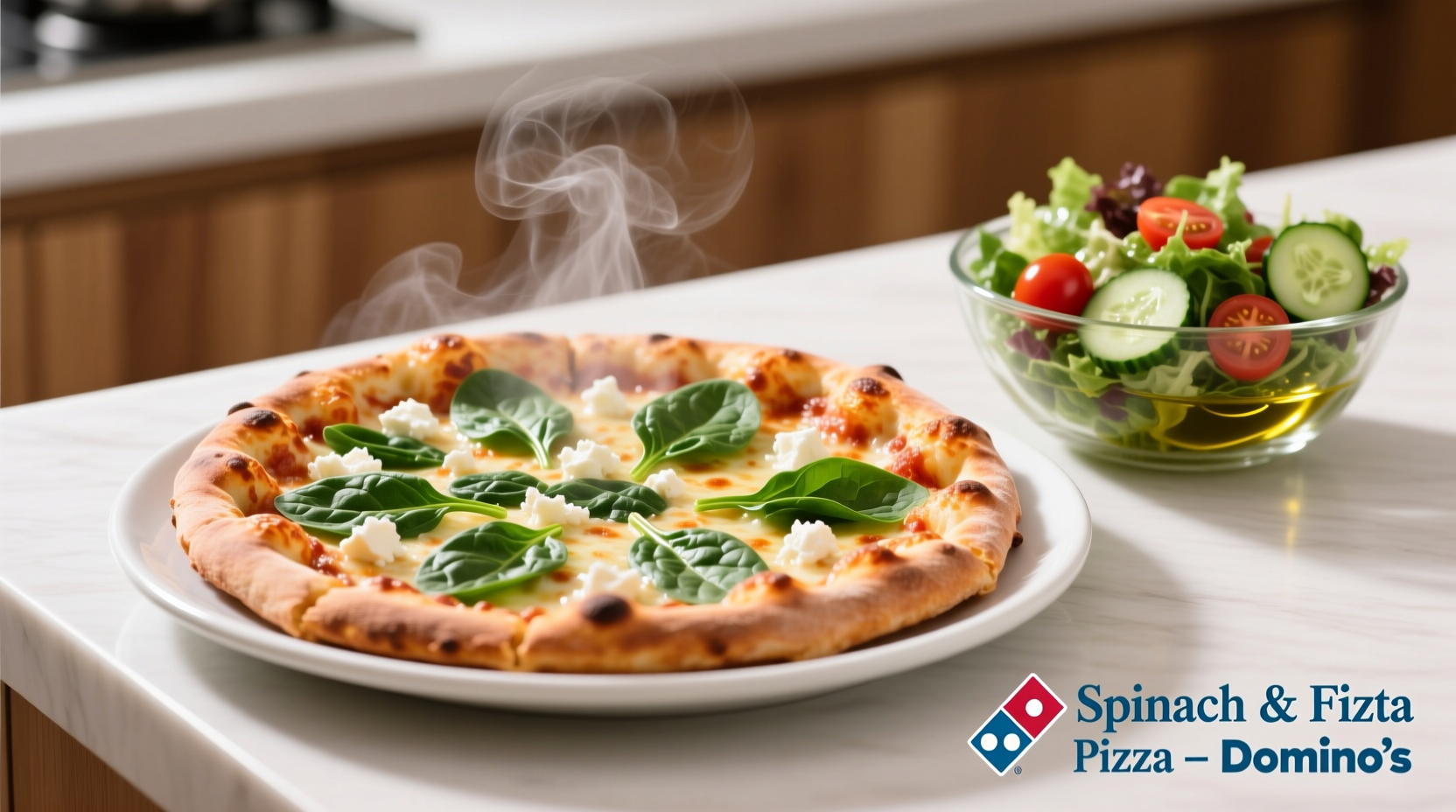 Domino's spinach and feta pizza on a plate with side salad