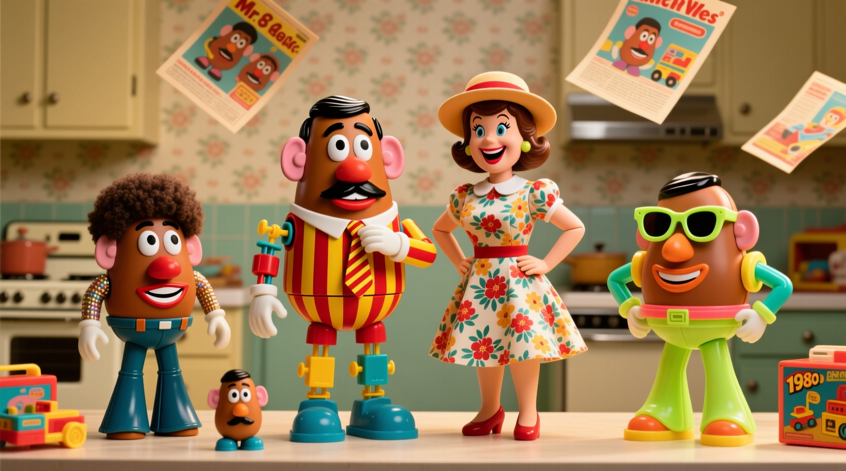 Vintage Mr and Mrs Potato Head toys from different eras
