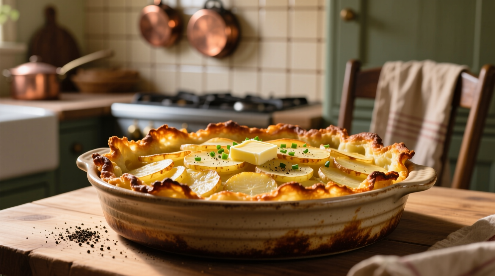 Golden brown potato kugel with crispy edges in baking dish