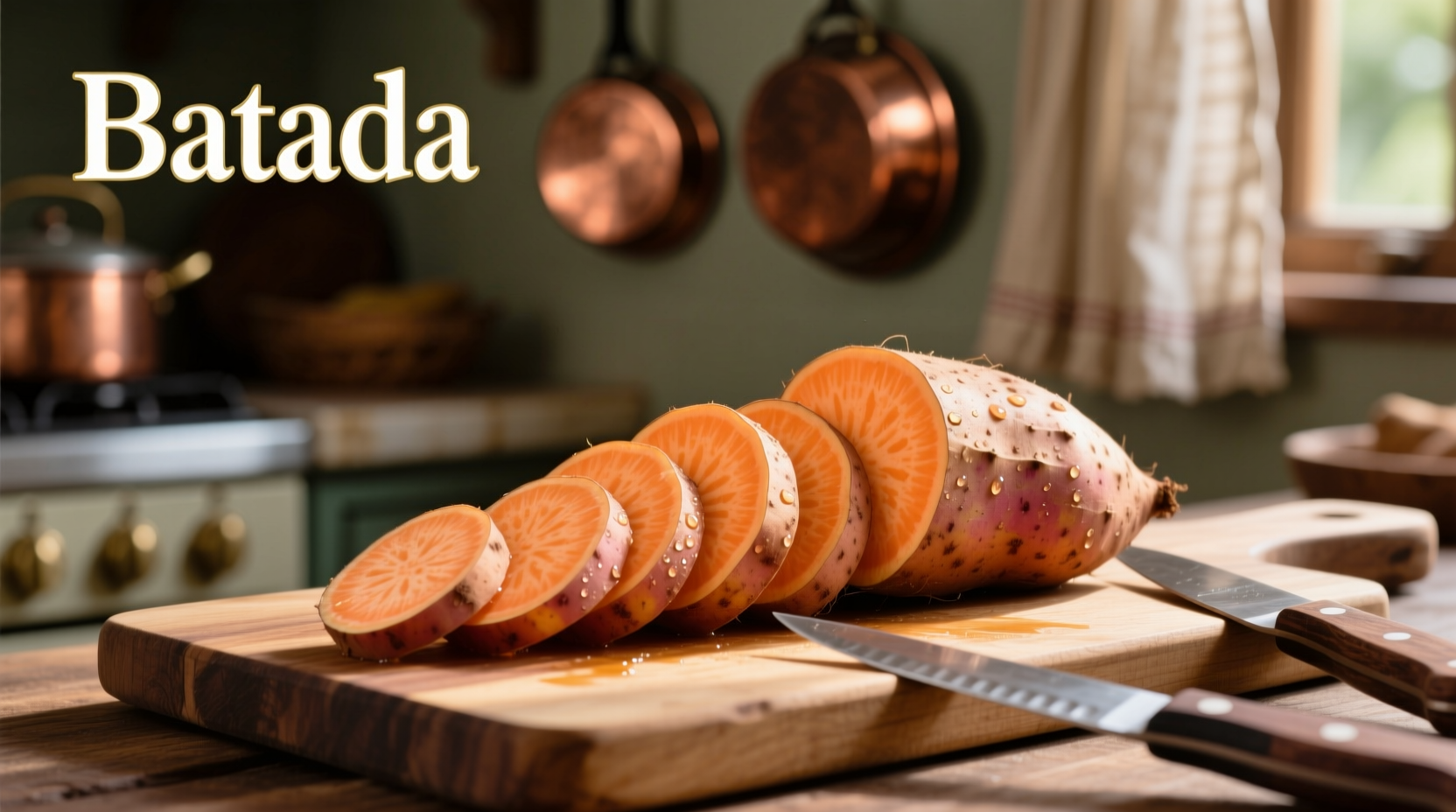 Batata sweet potatoes on wooden cutting board