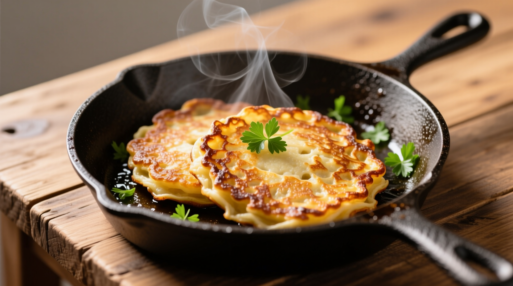 Golden brown potato pancakes on cast iron skillet