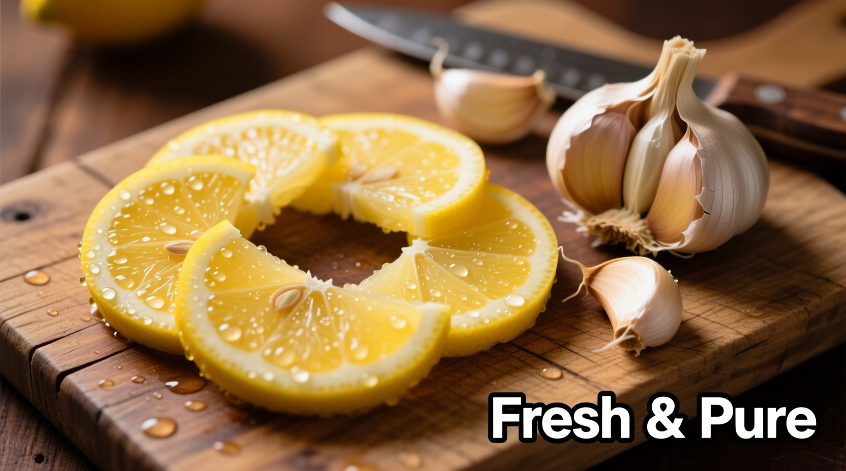 Fresh lemon slices and garlic cloves on wooden cutting board