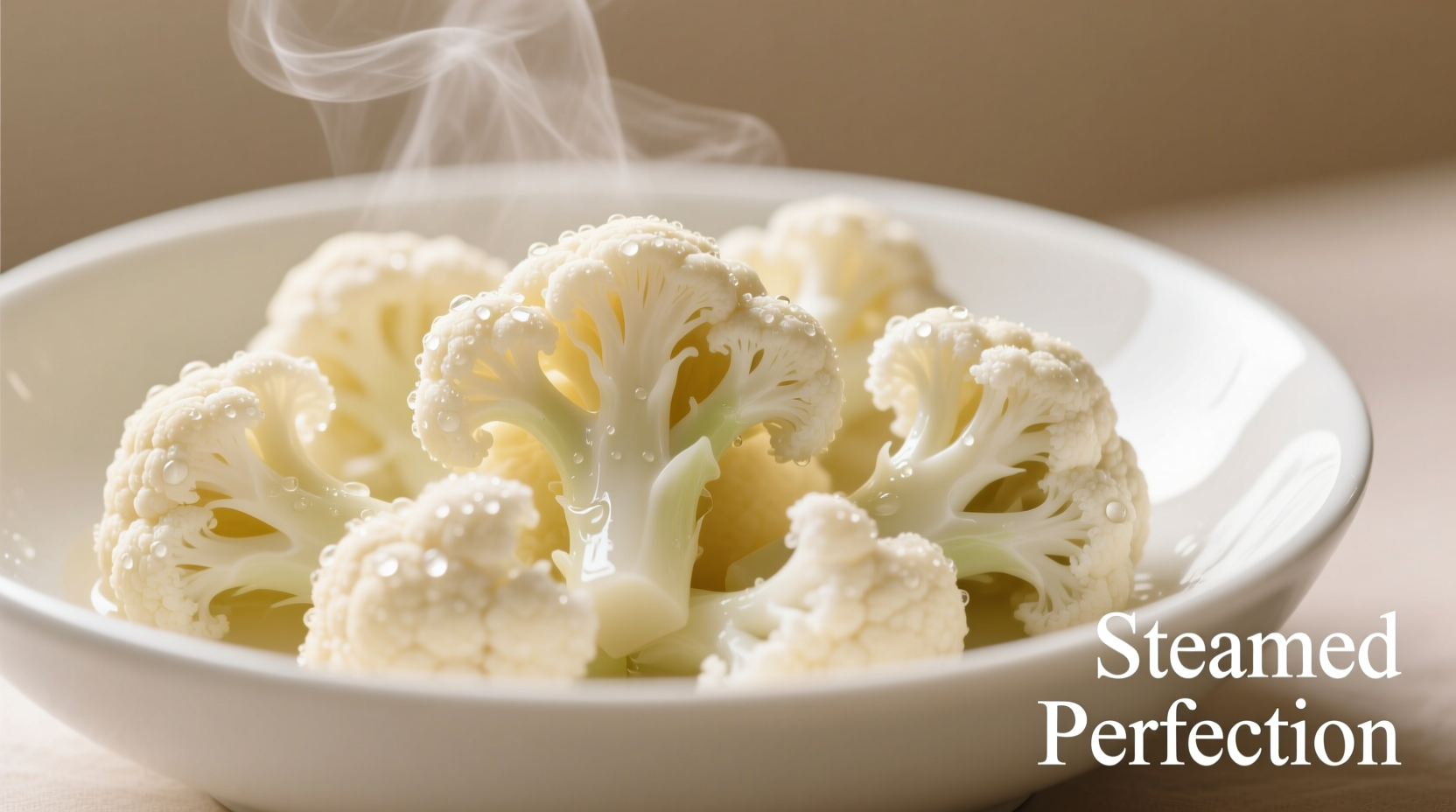 Perfectly steamed cauliflower florets in white bowl