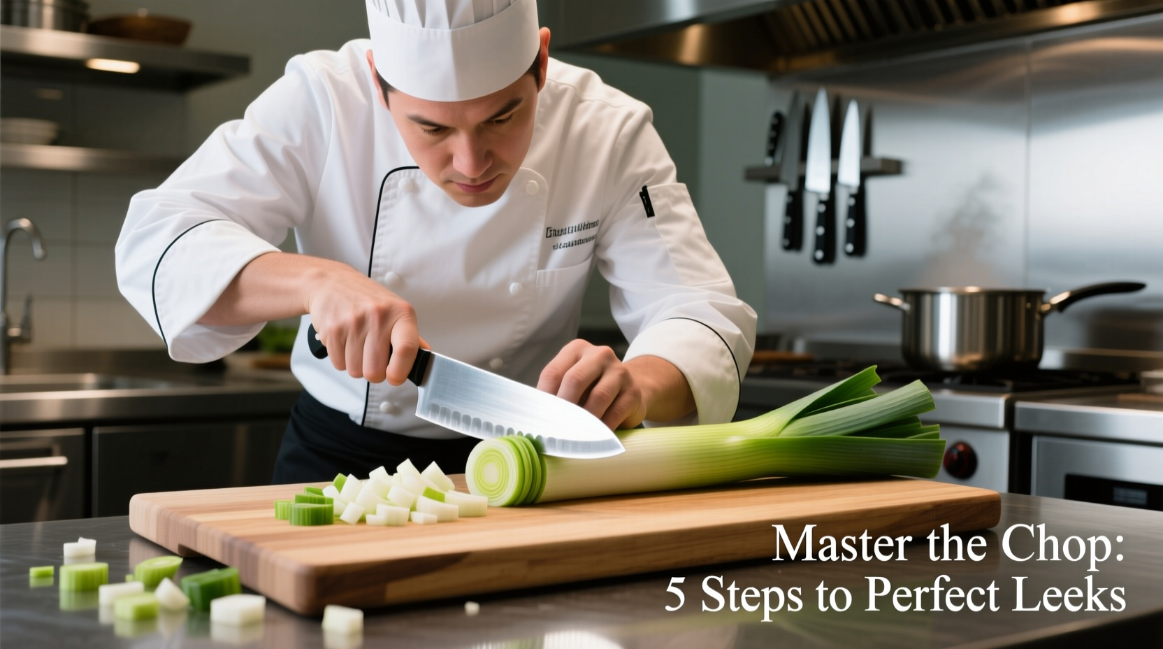 Chef demonstrating proper leek chopping technique