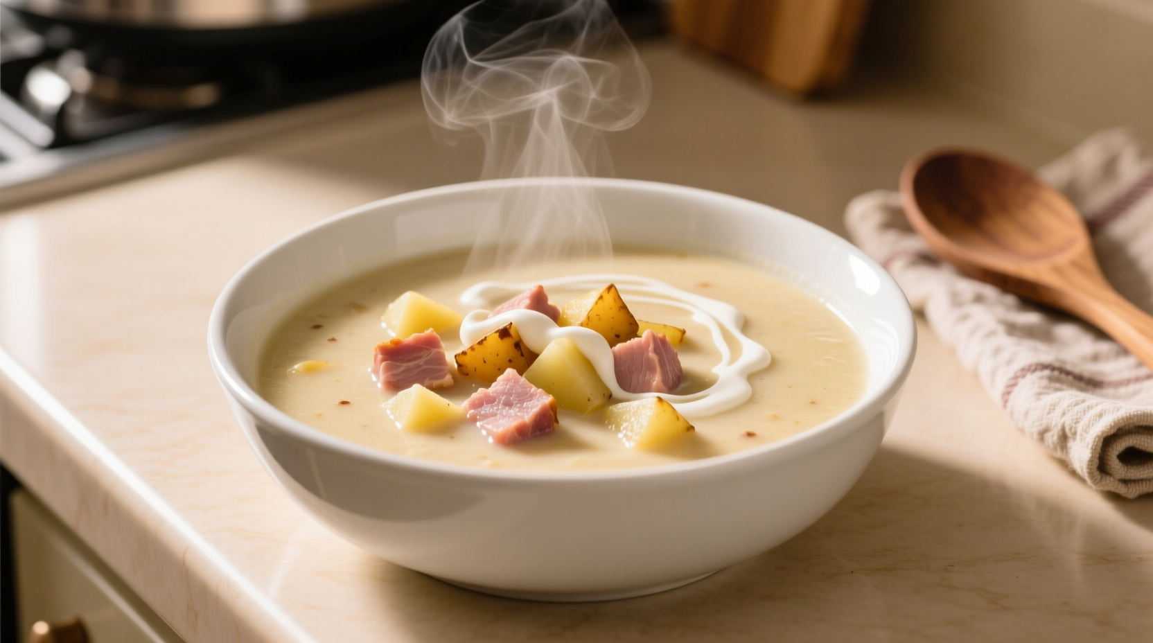 Creamy instant pot ham and potato soup in white bowl