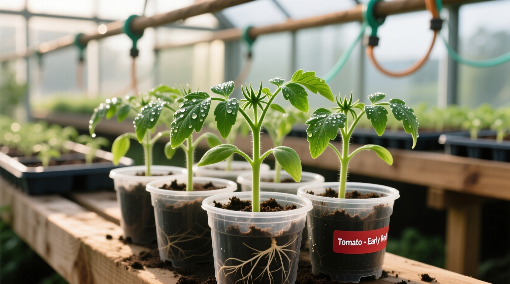 Healthy tomato seedlings in nursery pots