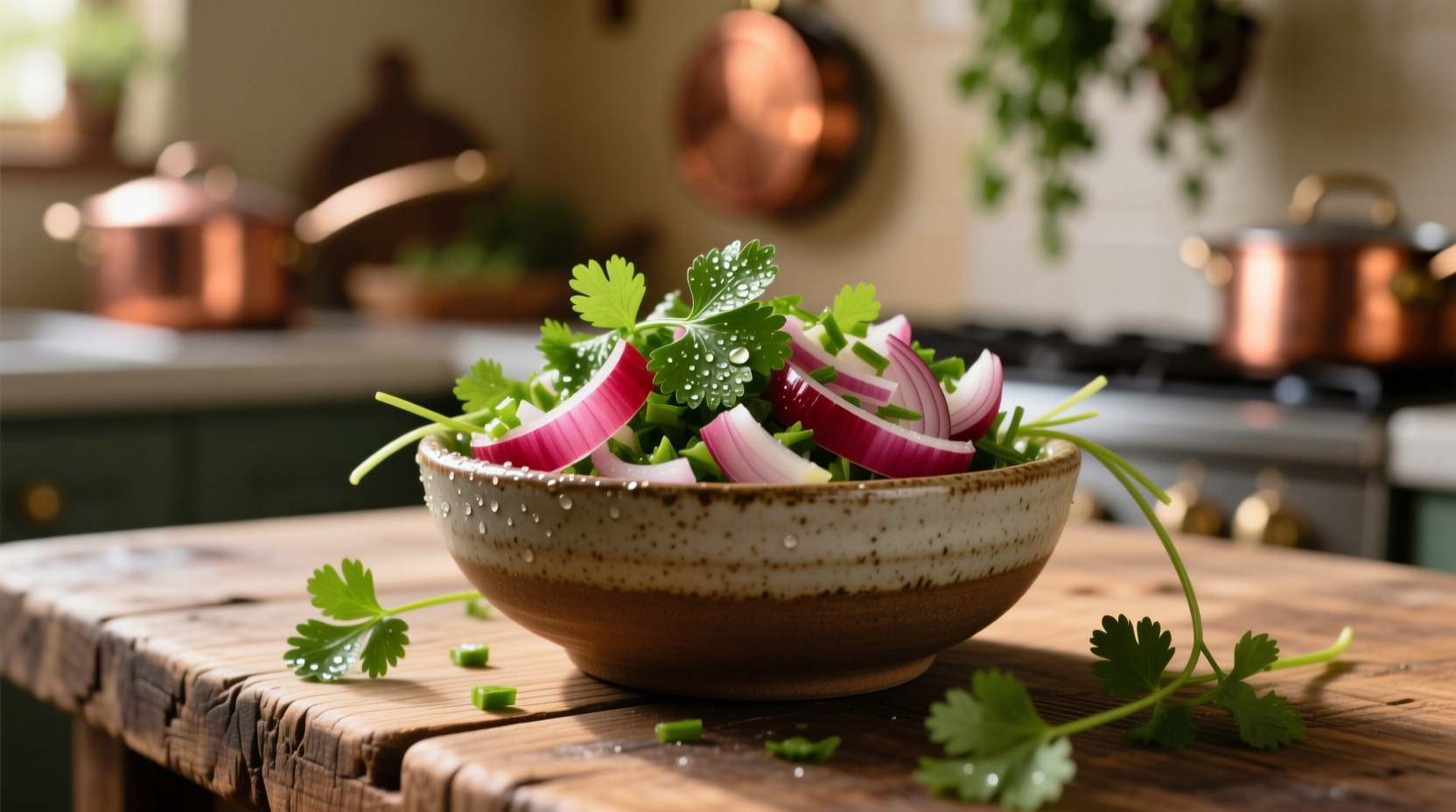 Fresh cilantro and red onion chopped in bowl
