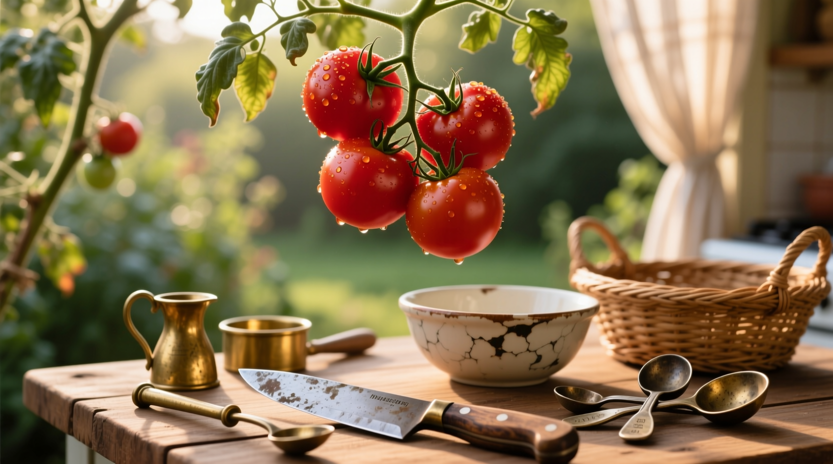 Ripe plum tomatoes on vine with kitchen tools