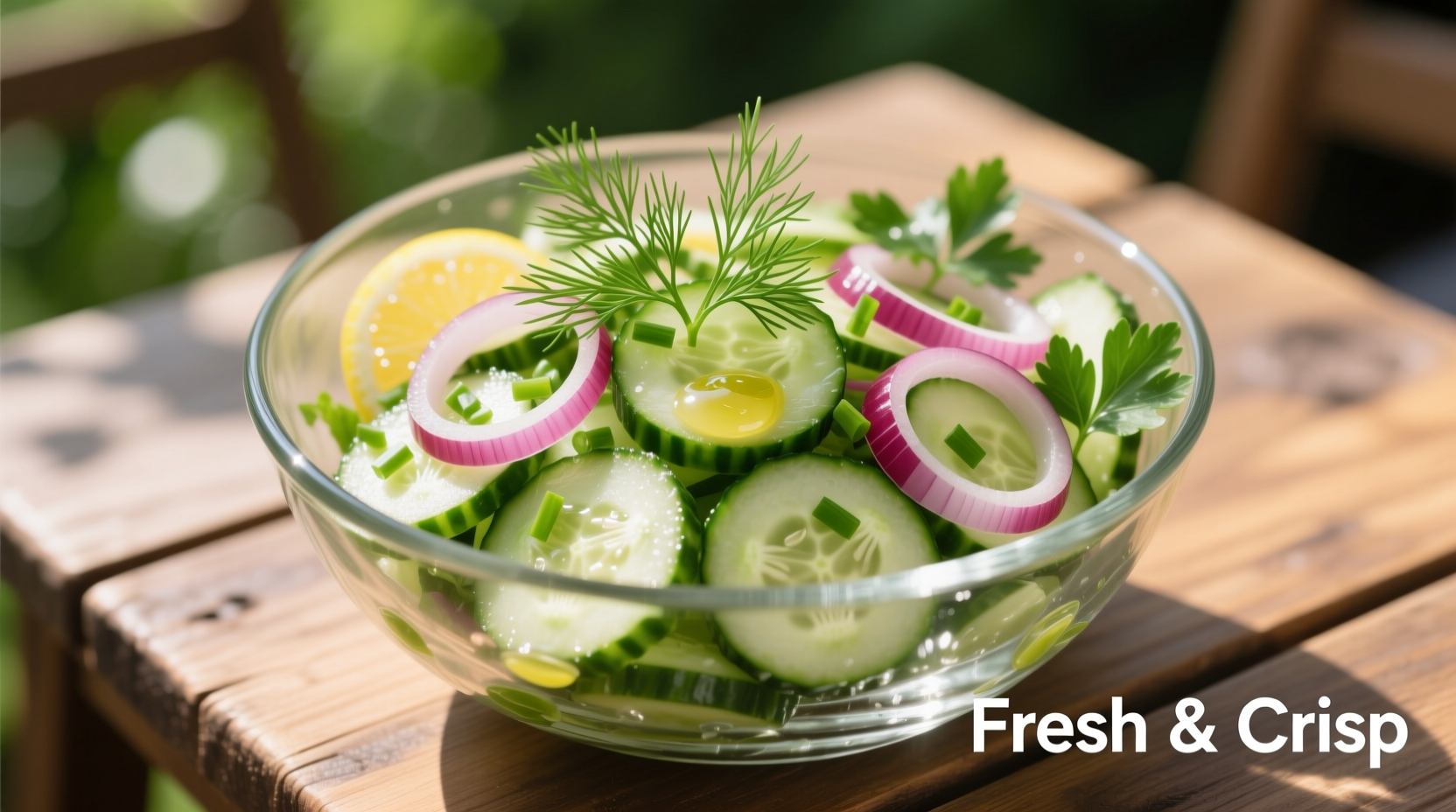 Fresh onion cucumber salad in glass bowl with herbs