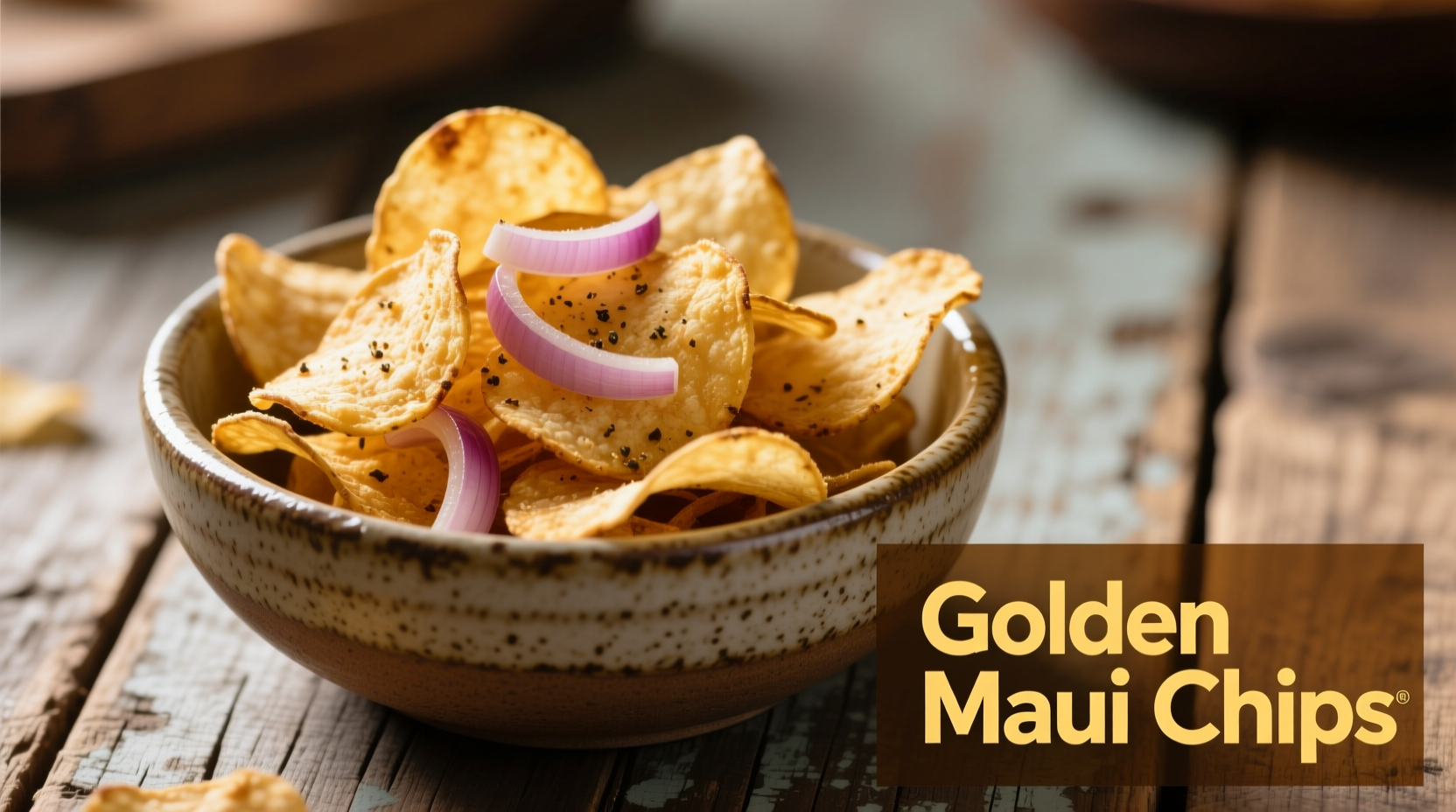 Golden Maui Chips Sweet Onion in a rustic bowl