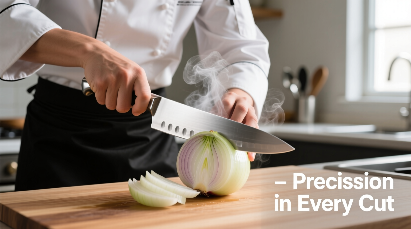 Chef cutting chilled onion with sharp knife
