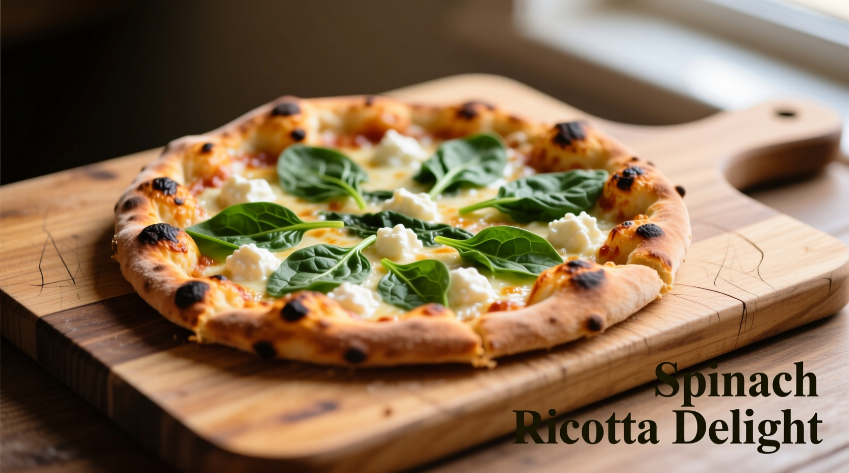 Perfect spinach ricotta pizza on wooden cutting board