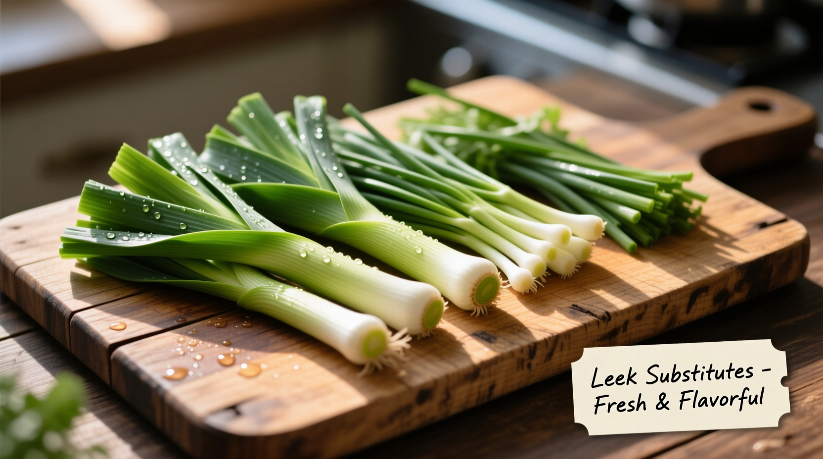 Fresh leek alternatives arranged on wooden cutting board