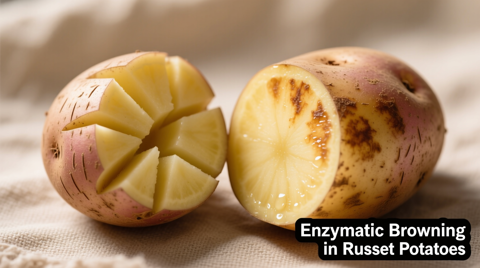 Russet potatoes with peeled and cut examples showing browning process