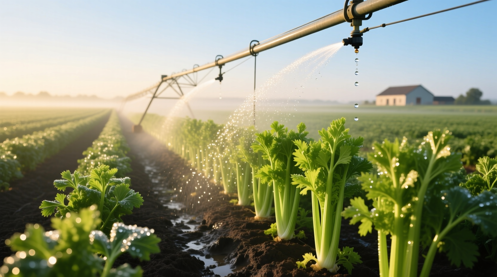 Celery plants growing in field with irrigation system